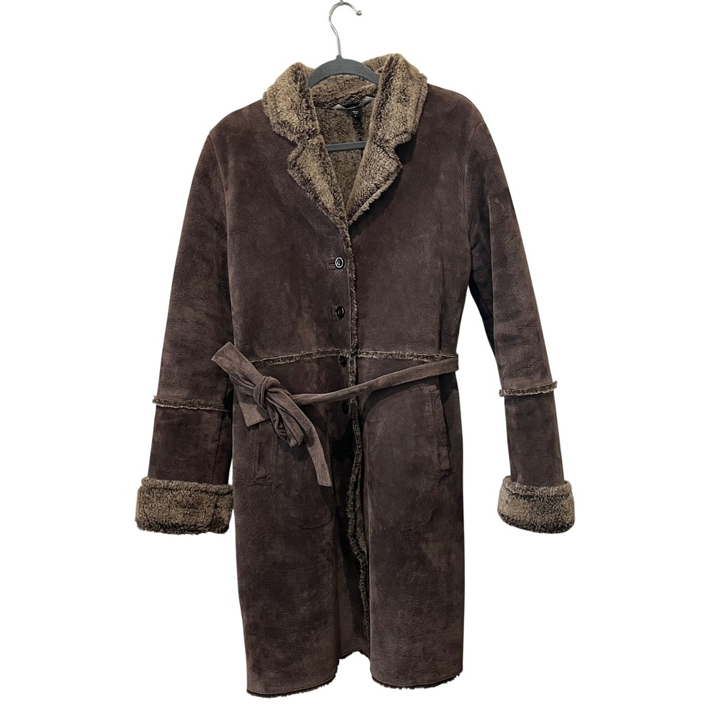 Express‎ Y2K Penny Lane Brown Leather Trench Coat Lined Long Belted Womens Large